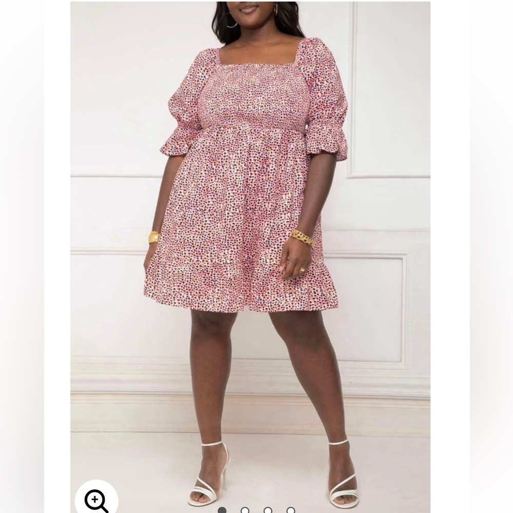 ELOQUII Elements Puff Sleeve Smocked Bodice Dress Pink Speckled Stretch Comfy